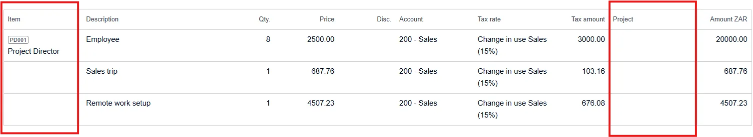 An exported invoice in Xero showing the Item and Project columns
