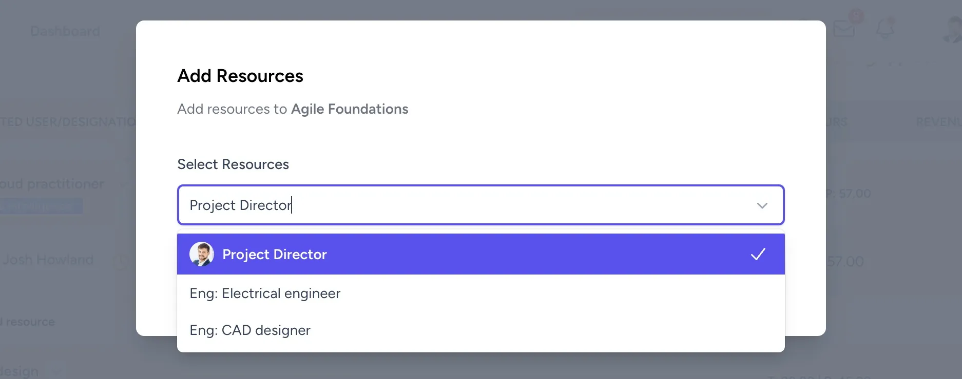 Selecting a user from the resource dropdown