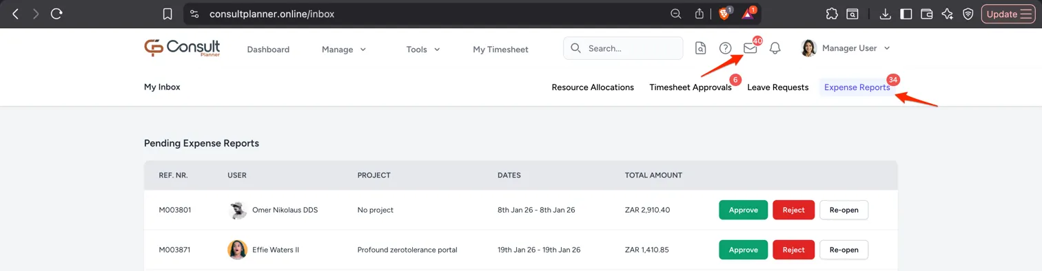 The Inbox page showing expense reports to approve