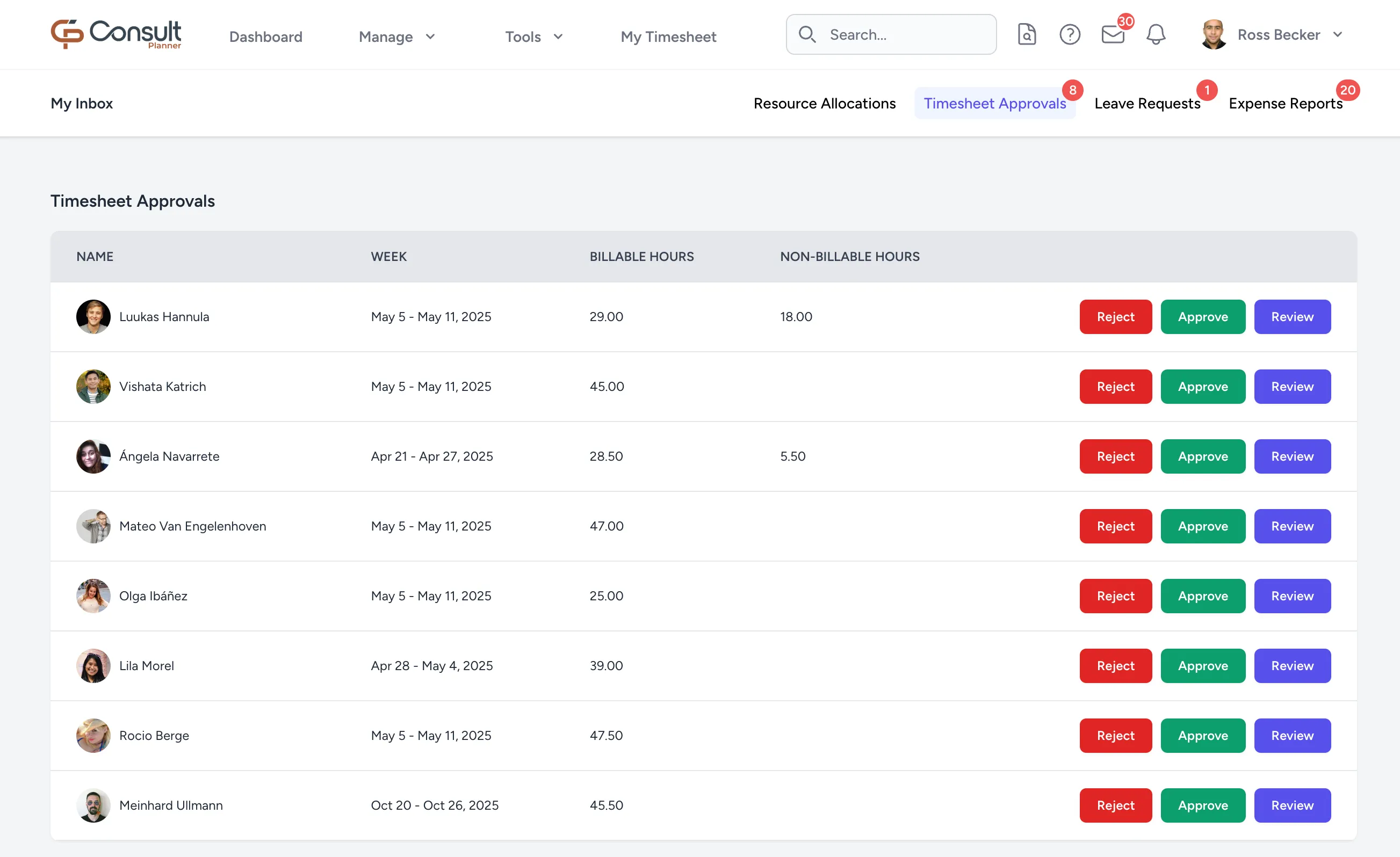 The Timesheet Approvals tab in the Inbox