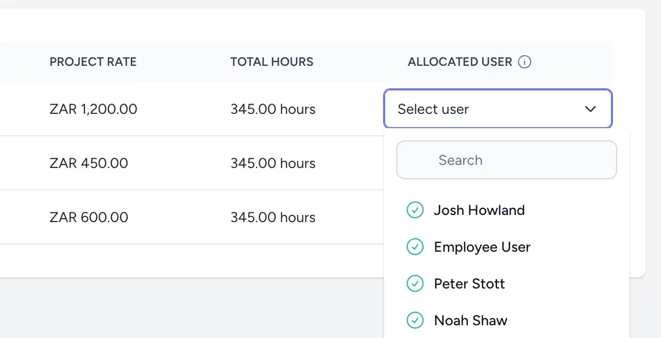 A green checkmark next to available users
