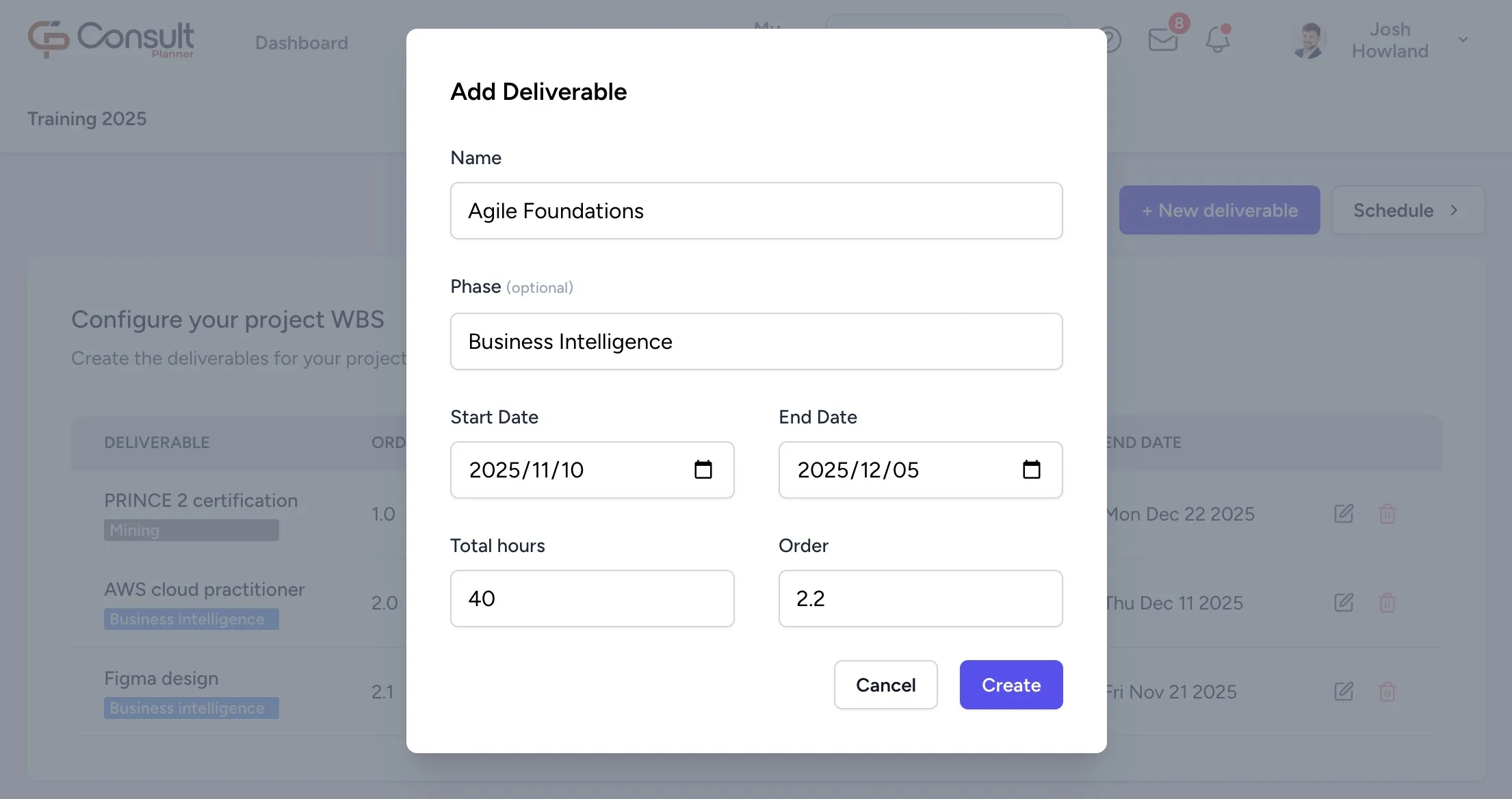 A completed deliverable form for a training program