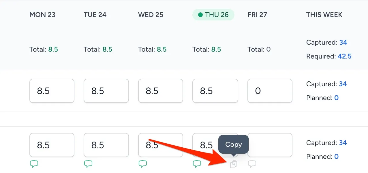 The copy icon on a filled-in timesheet cell