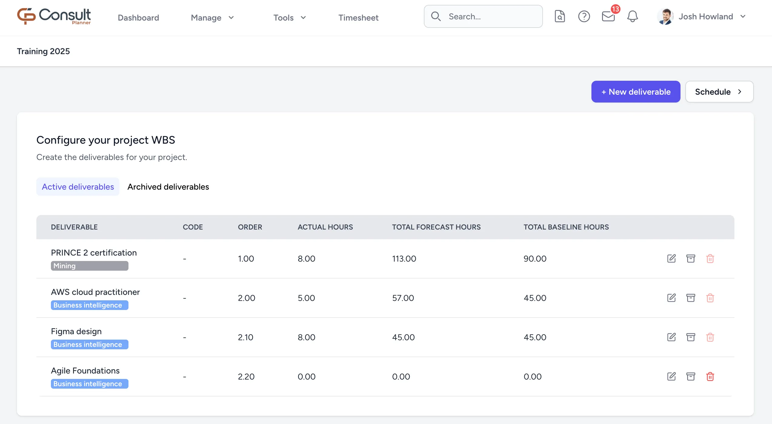 The deliverable management view