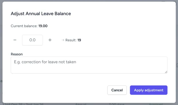 Editing an employee's leave balance on a leave card