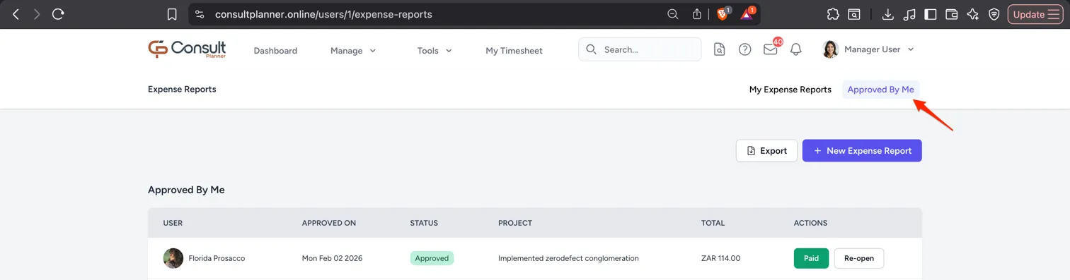 Expense reports approved by the current manager under the Expense Reports tab