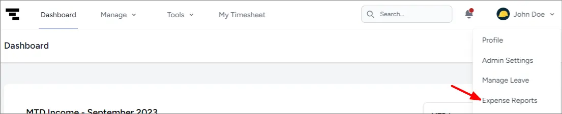 Expense Reports option in the user menu
