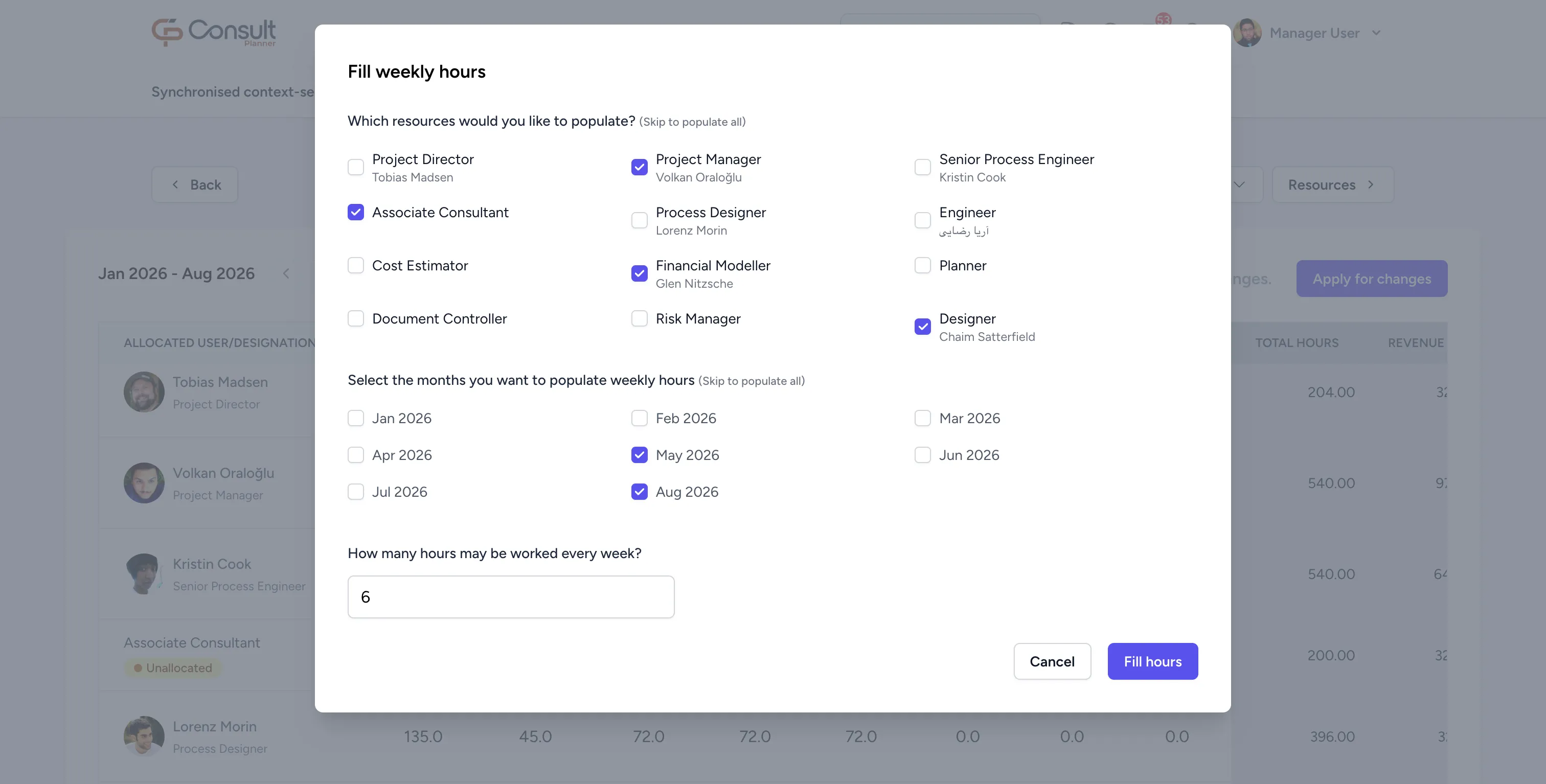 The Fill weekly hours modal