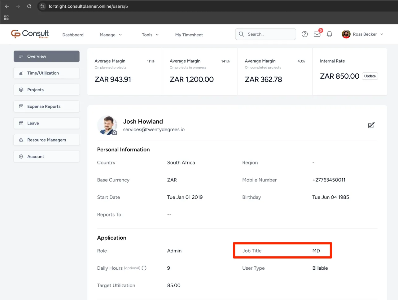 CEO user profile with the job title field set