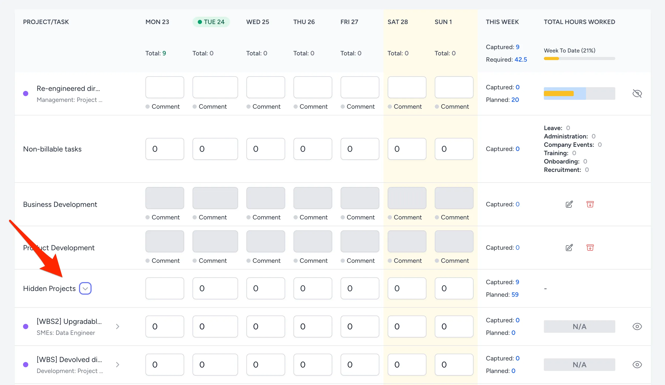The Hidden Projects section in the timesheet view