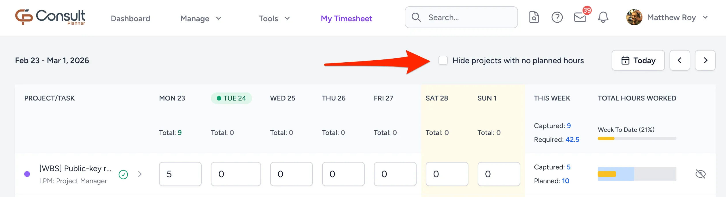 The checkbox to hide projects with no forecast hours