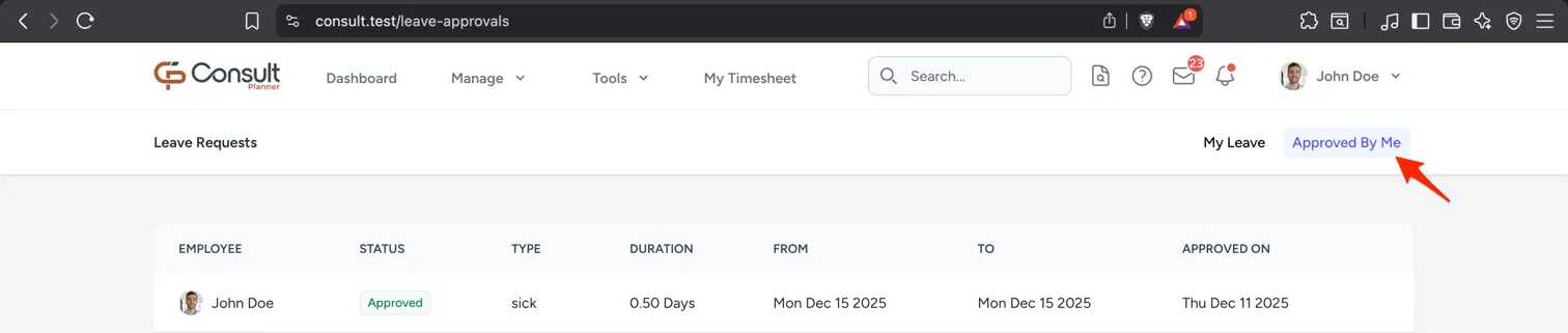 Past leave approved by the current manager under the Manage Leave tab