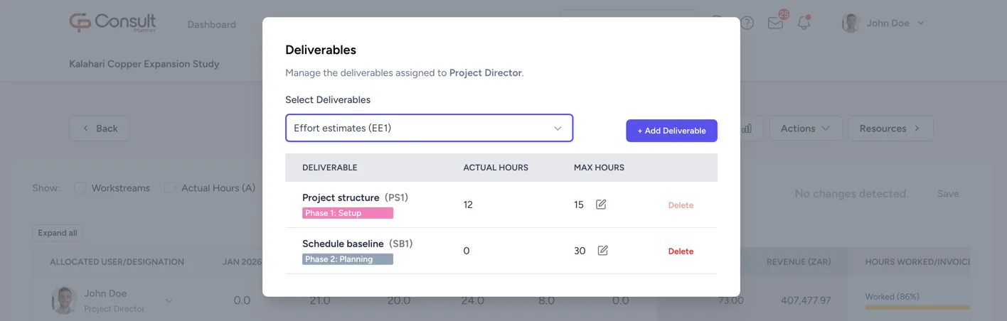 Selecting deliverables from the dropdown