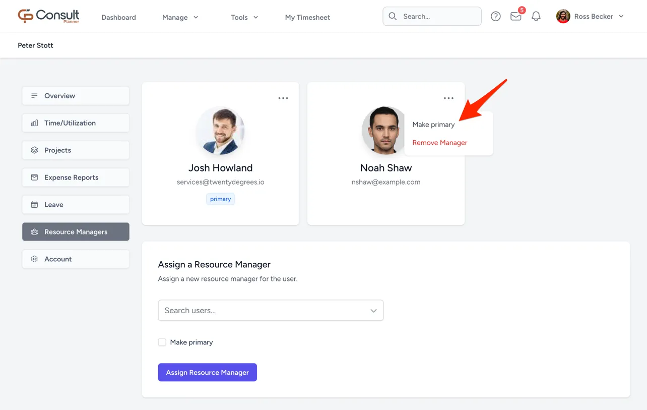 Resource managers view showing a primary resource manager assignment