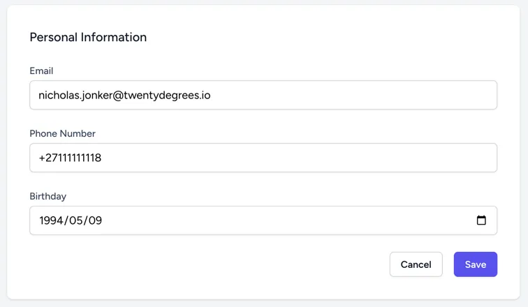 The personal details fields on the profile page