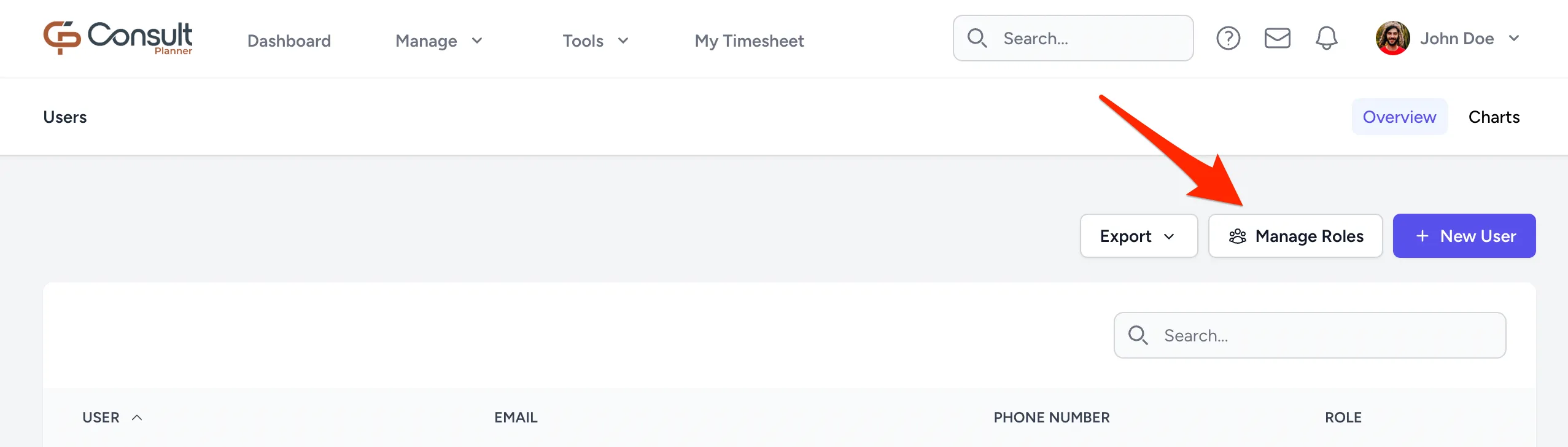 Manage roles button on the users page