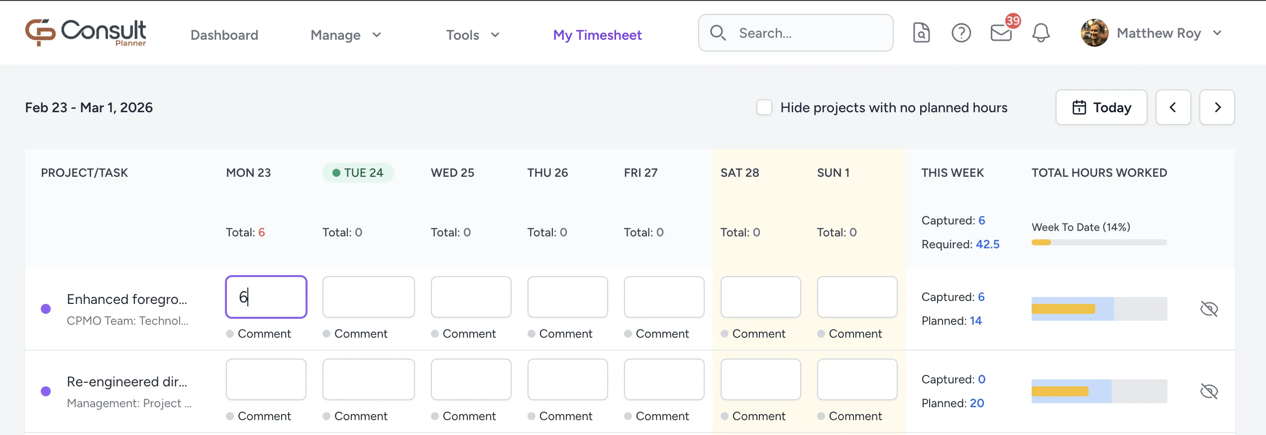 A standard project row in the timesheet view