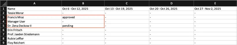 Row data in the timesheet export spreadsheet