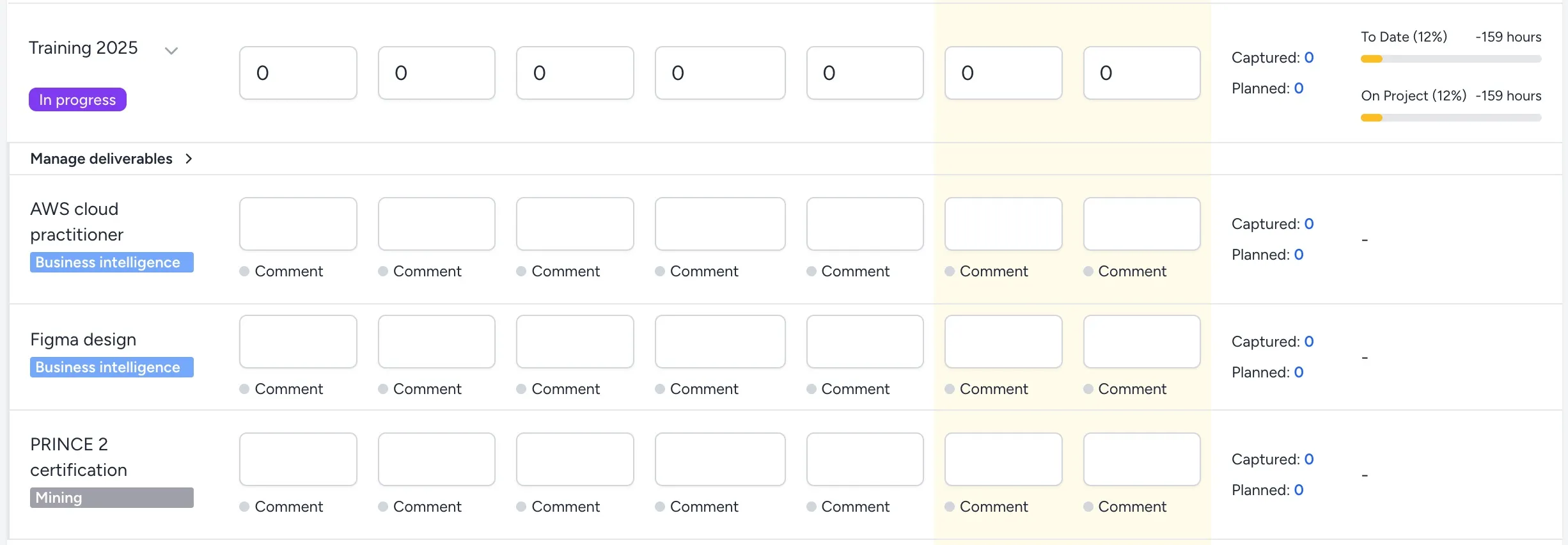 A training project shown in an employee timesheet