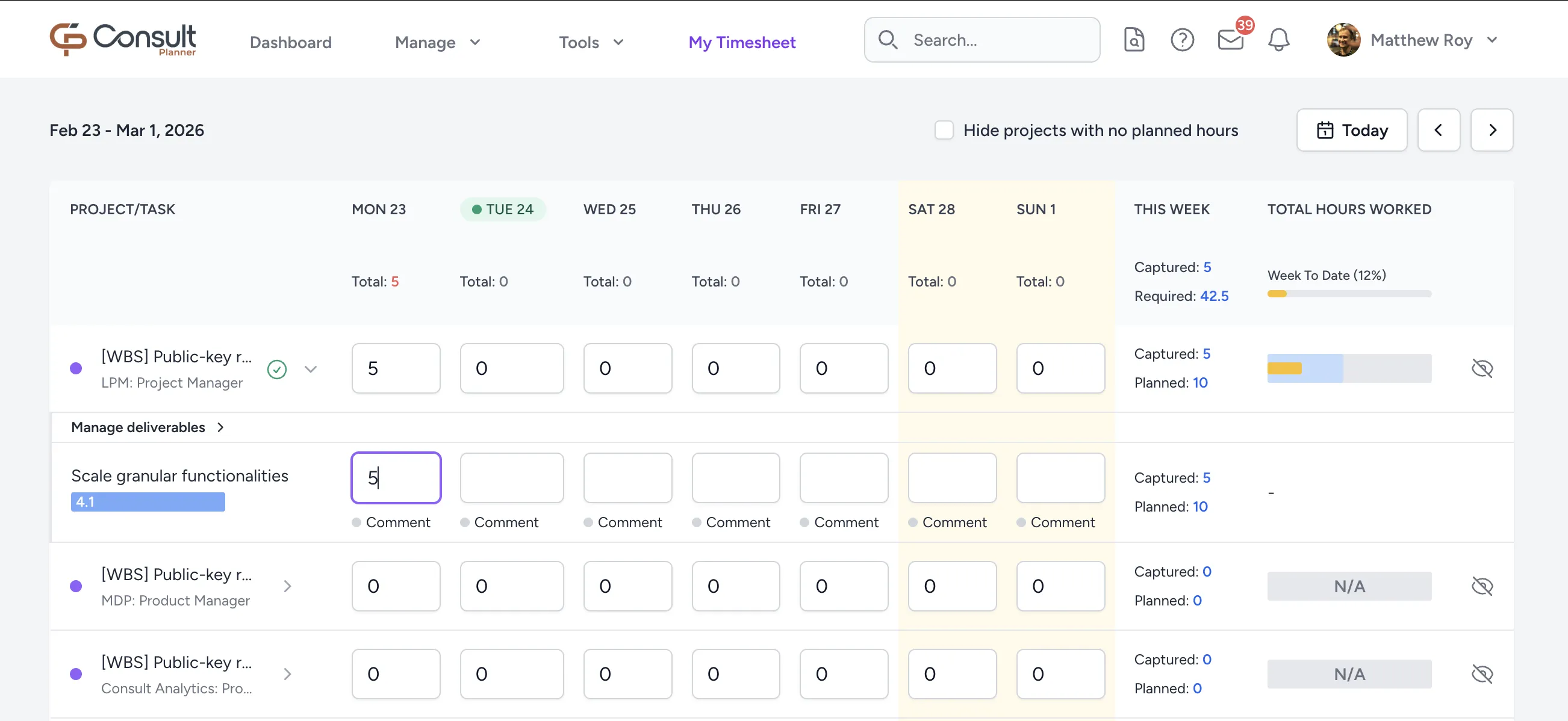 A WBS with Deliverable Scheduling project with deliverables in the timesheet view