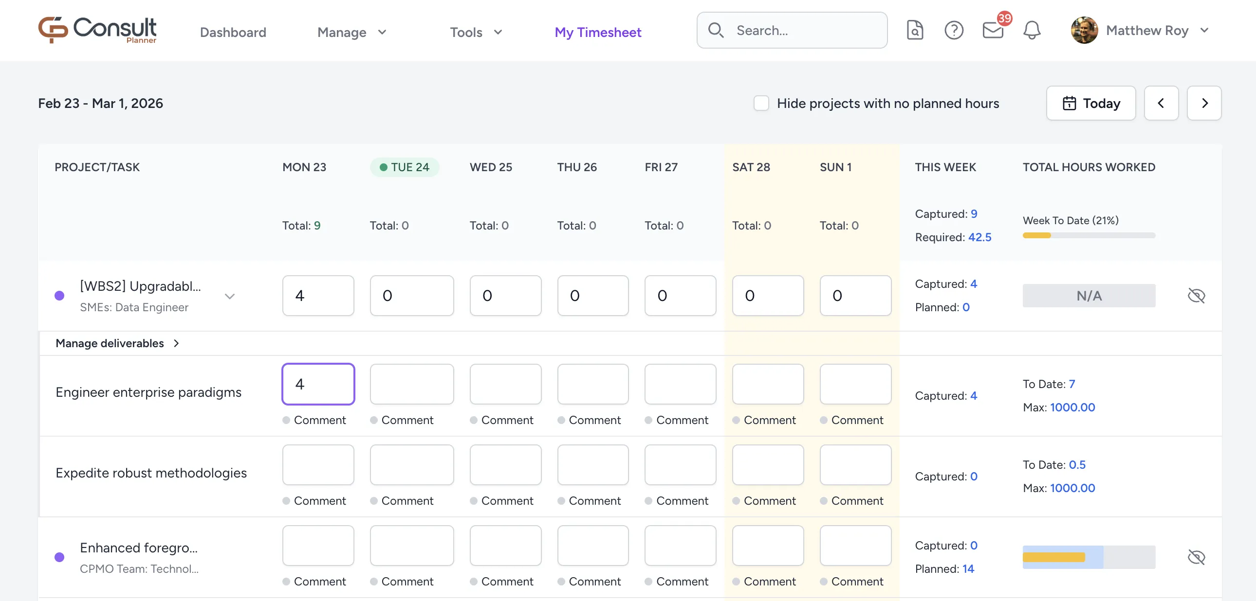 A WBS with Resource Scheduling project with deliverable hours in the timesheet view