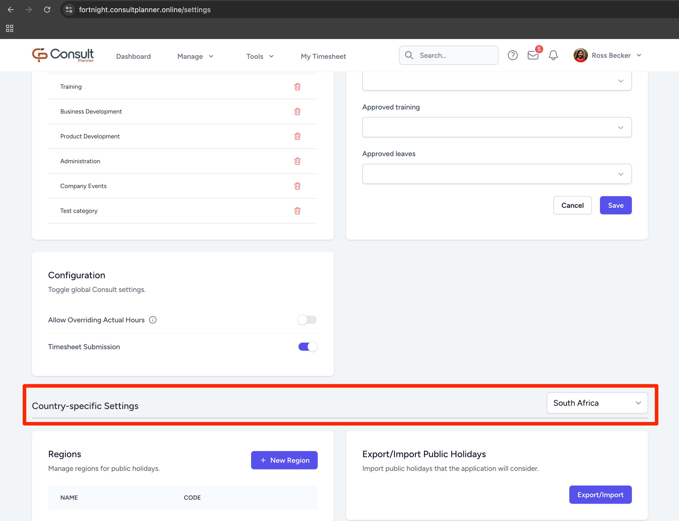 Country settings screenshot