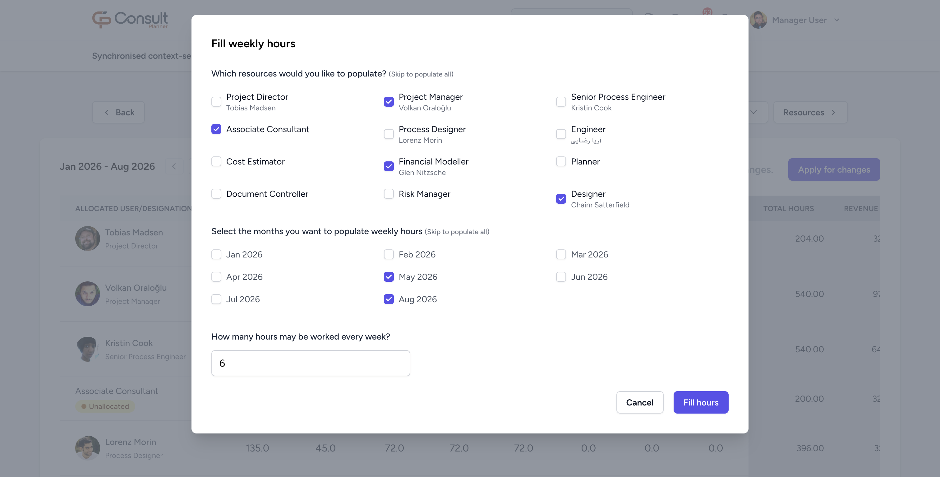 Fill hours modal