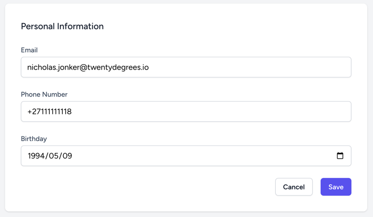 Personal details screenshot